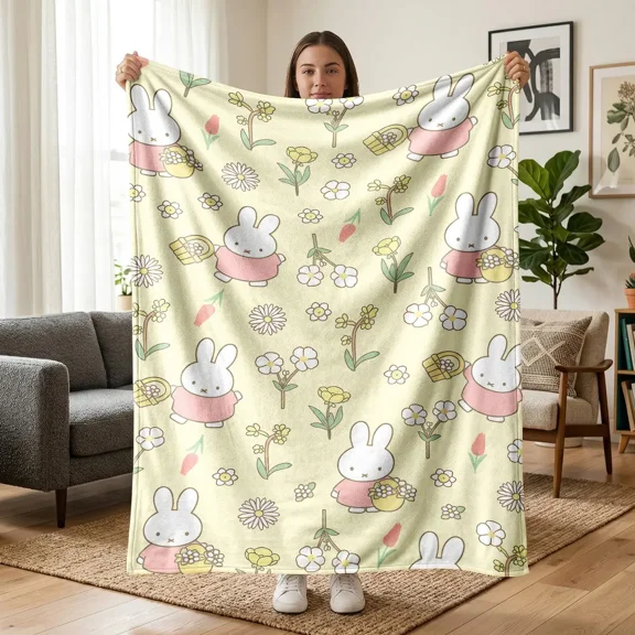 Miffy Rabbit Spring Floral Themed Flannel Fleece Throw Blanket, Fresh Cute Print With Light Yellow Background, Cartoon Bunnies, Flower Baskets & Blooms. Soft Warm Blanket, Holiday Christmas Gift