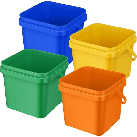 Mifoci 4 Pcs Plastic Bucket 5 Quart Square Cleaning Bucket Utility Small Pail with Handle for House Cleaning Storage Livestock Feeding Car Washing (Yellow,Blue,Green,Orange)