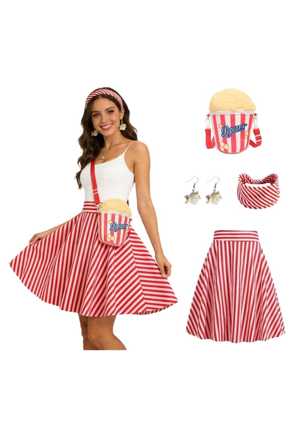 1950S Skirts for Women High Waist A-Line Flared Striped Skirt Knee Length Vintage Elegant Popcorn Theme Watching Movie Party Clothes S