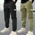 thumbnail image 1 of Mifsaly 2 Pack Boys Cargo Pants Big Kids Elastic Drawstring Waist Uniform Pants Loose Casual Outdoor Back to School Play Outfits with Multi Pockets, 1 of 8
