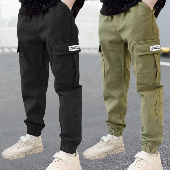 Mifsaly 2 Pack Boys Cargo Pants Big Kids Elastic Drawstring Waist Uniform Pants Loose Casual Outdoor Back to School Play Outfits with Multi Pockets