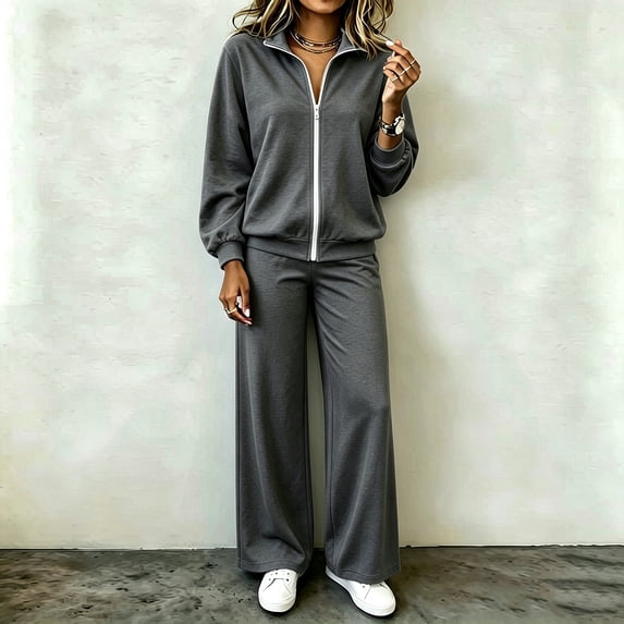 Mifsaly 2 Piece Athletic Sets for Women Full Zip Jacket And Wide Leg Pants Fall Winter Casual Activewear Dark Gray,L