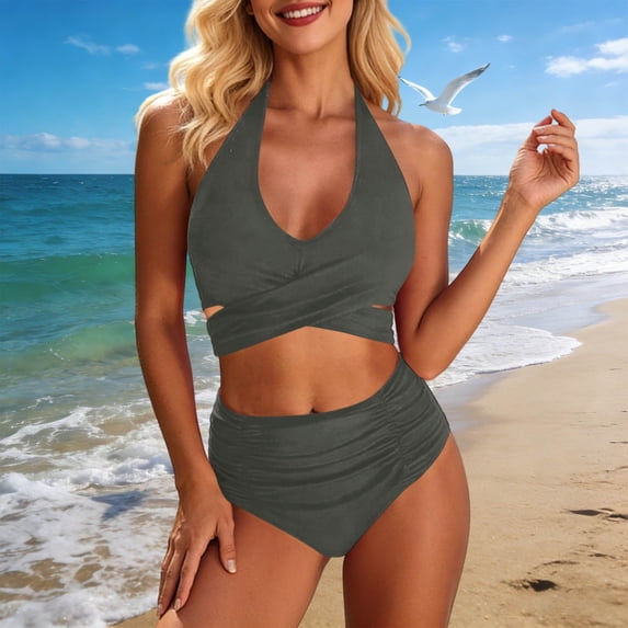 Mifsaly 2 Piece Bikinis Sets for Women Wrap Halter Top & High Waisted Ruched Bottoms Tummy Control Modest Swimsuit Beach Pool Flattering Athletic Bathing Suits S