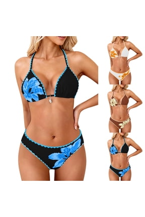 2 Piece Bikinis Sets for Women Scalloped Trim Floral Print Bathing Suit High Cut Backless Beach Vacation Summer Swimwear Set L