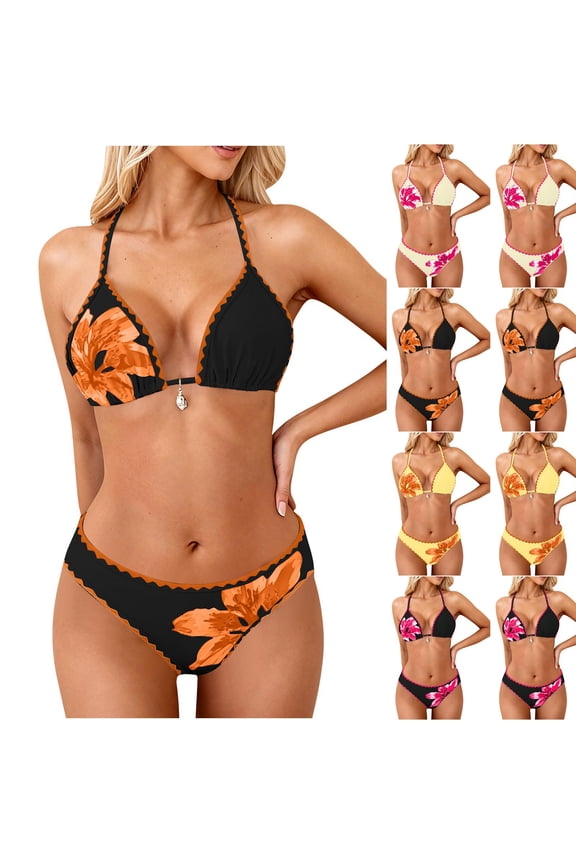 2 Piece Bikinis Sets for Women Scalloped Trim Floral Print Bathing Suit High Cut Backless Beach Vacation Summer Swimwear Set XL