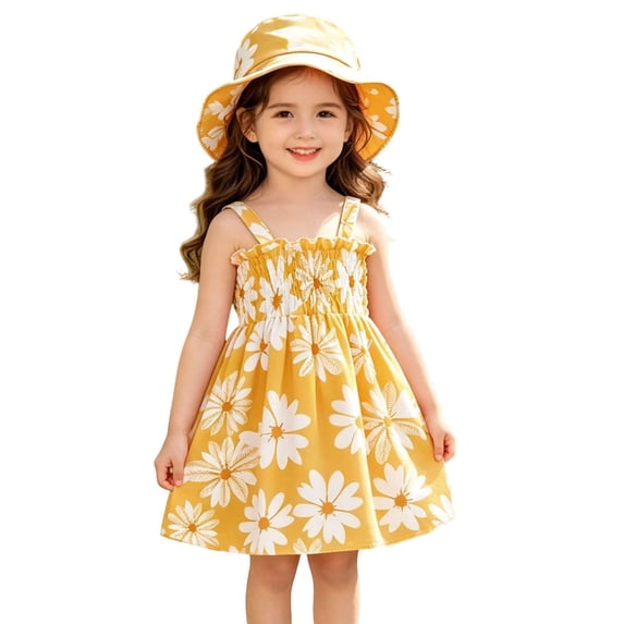 Mifsaly 2 Piece Dress Sets for Toddler Girls Cute Heart Print Smocked Sleeveless Sundress and Bucket Hat Cute Summer Beach Vacation Casual Matching Outfits