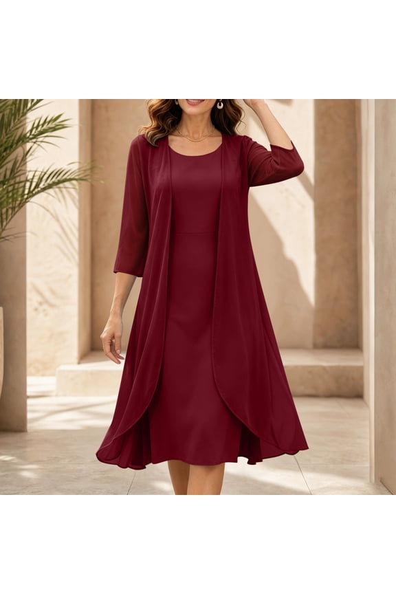 2 Piece Dress Sets for Women Chiffon Open Front Cardigan Jackets and Sleeveless Midi Dresses Flattering Elegant Evening Party Wedding Guest Vacation Outfits Wine,S