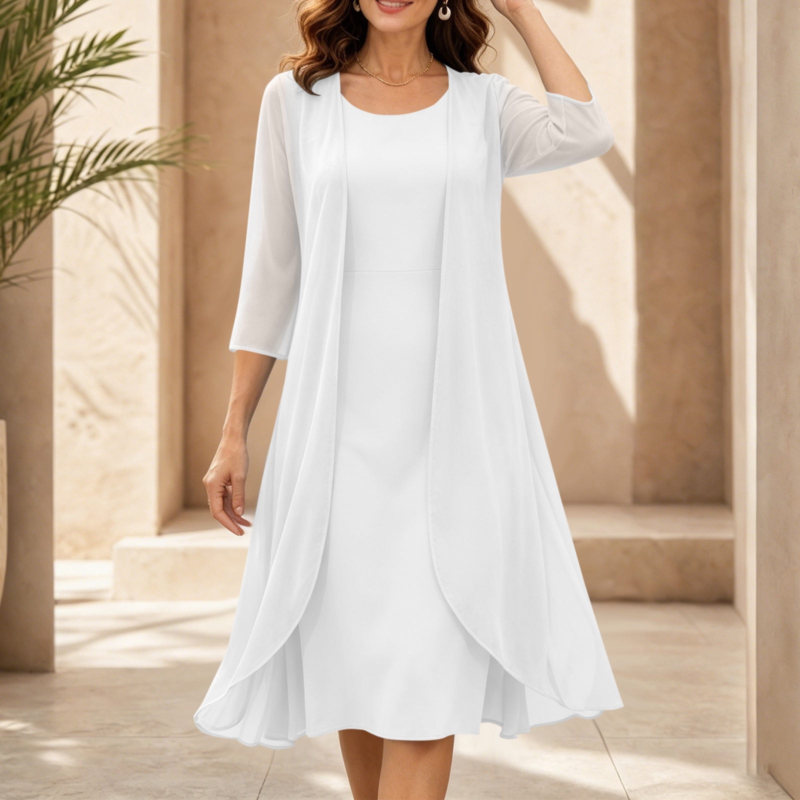front open midi dress Mifsaly 2 Piece Dress Sets for Women Chiffon Open Front Cardigan Jackets  and Sleeveless Midi Dresses Flattering Elegant Evening Party Wedding Guest