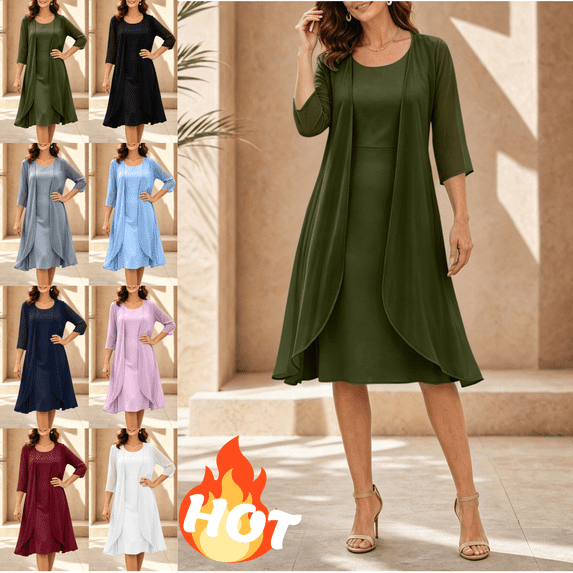 Mifsaly 2 Piece Dress Sets for Women Chiffon Open Front Cardigan Jackets and Sleeveless Midi Dresses Flattering Elegant Evening Party Wedding Guest Vacation Outfits Army Green,XXL