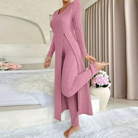 Mifsaly 2 Piece Knit Sets Women Ribbed Lounge Set Slim Side Split Long Tops High Waist Leggings Long Johns Travel Airport Fall Trendy Casual Matching Outfits