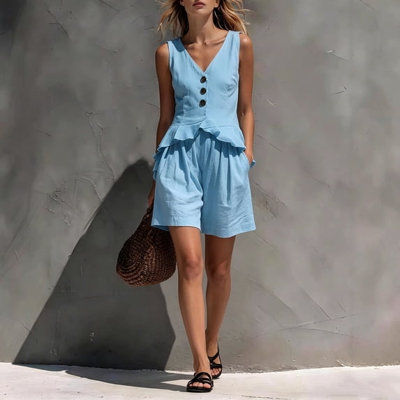 Mifsaly 2 Piece Linen Set for Women Sleeveless V Neck Button Down Peplum Top and Loose Shorts Lightweight Flowy Casual Vacation Summer Outfits Light Blue,S