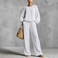 thumbnail image 1 of Mifsaly 2 Piece Linen Set for Women Crewneck Balloon Sleeve Tops and Lounge Trousers Trendy Going Out Travel Airport Vacation Matching Outfits, 1 of 6