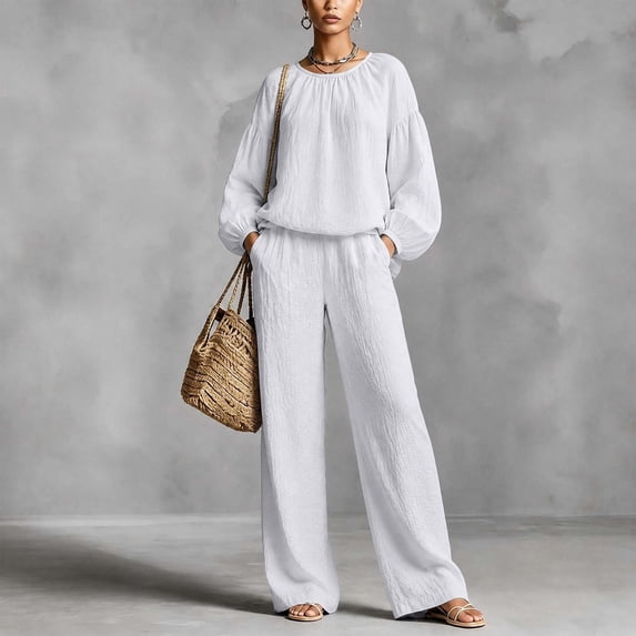Mifsaly 2 Piece Linen Set for Women Crewneck Balloon Sleeve Tops and Lounge Trousers Trendy Going Out Travel Airport Vacation Matching Outfits