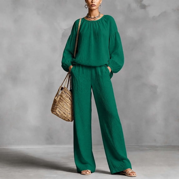 Mifsaly 2 Piece Linen Set for Women Crewneck Balloon Sleeve Tops and Lounge Trousers Trendy Going Out Travel Airport Vacation Matching Outfits