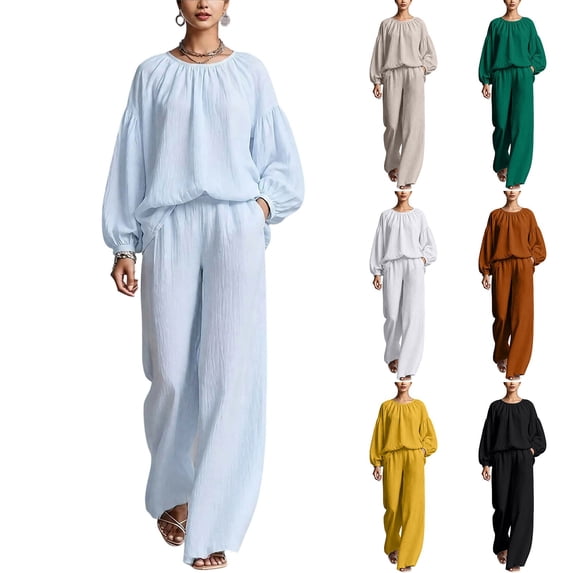 Mifsaly 2 Piece Linen Set for Women Crewneck Balloon Sleeve Tops and Lounge Trousers Trendy Going Out Travel Airport Vacation Matching Outfits