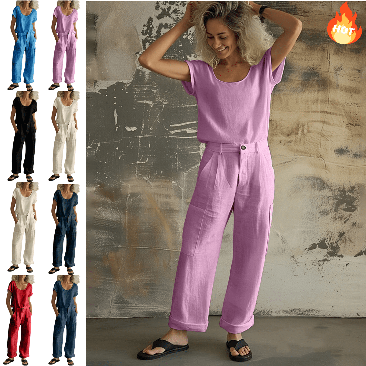 Mifsaly 2 Piece Linen Set for Women Summer Set Crewneck Short Sleeve ...