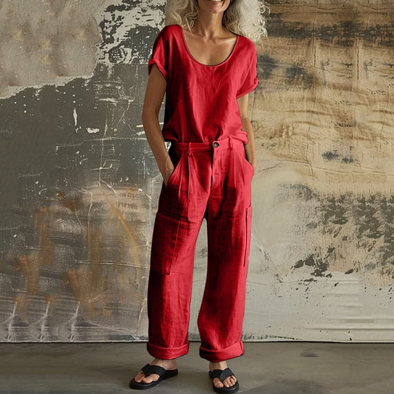 Mifsaly 2 Piece Linen Set for Women Summer Set Crewneck Short Sleeve Tops And Wide Leg Cargo Pants with Multi Pockets 2026 M
