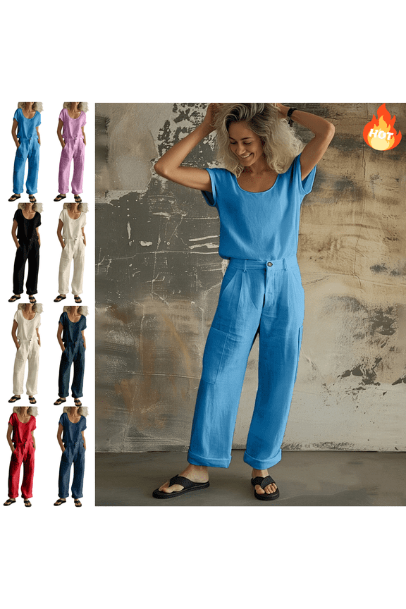 2 Piece Linen Set for Women Summer Set Crewneck Short Sleeve Tops And Wide Leg Cargo Pants with Multi Pockets 2026 XL