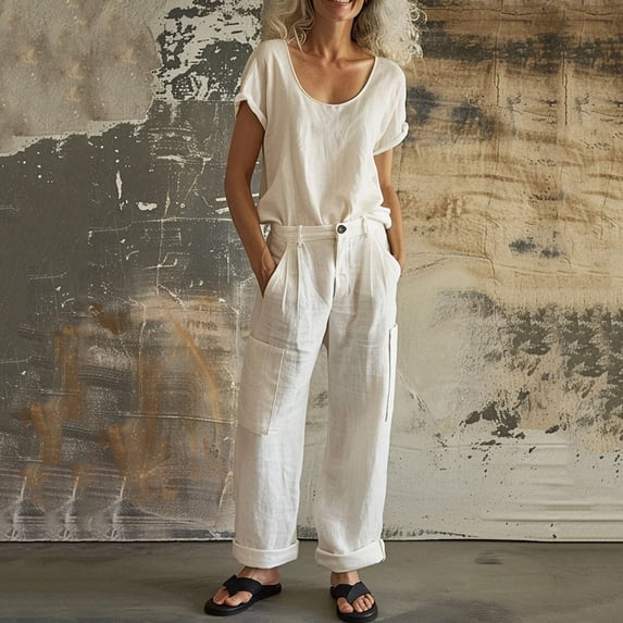 Mifsaly 2 Piece Linen Set for Women Summer Set Crewneck Short Sleeve Tops And Wide Leg Cargo Pants with Multi Pockets 2026 XL
