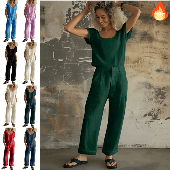 Mifsaly 2 Piece Linen Set for Women Summer Set Crewneck Short Sleeve Tops And Wide Leg Cargo Pants with Multi Pockets 2026 XXL