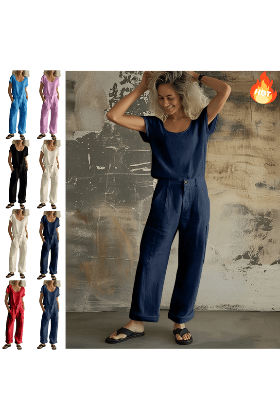 2 Piece Linen Set for Women Summer Set Crewneck Short Sleeve Tops And Wide Leg Cargo Pants with Multi Pockets 2026 XXL