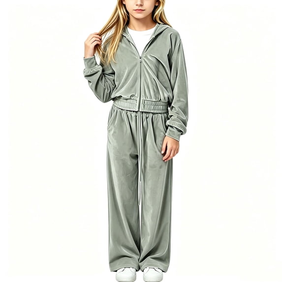 Mifsaly 2 Piece Lounge Set Girls Velvet Fall Winter Matching Outfits Long Sleeve Full Zip Hooded Sweatshirt and Wide Leg Pants with Pockets
