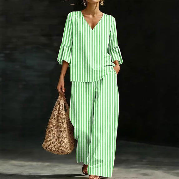 Mifsaly 2 Piece Lounge Set Women Casual V Neck Tops and Flowy Wide Leg Palazzo Pants Comfortable Outdoor Casual Vacation Matching Outfits with Pockets Green,S