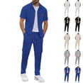thumbnail image 1 of Mifsaly 2 Piece Set for Men Textured Waffle Knit Short Sleeve Button Down Shirts and Cargo Pants with Multi Pockets Casual Summer Travel Matching Lounge Outfits Blue,S, 1 of 6