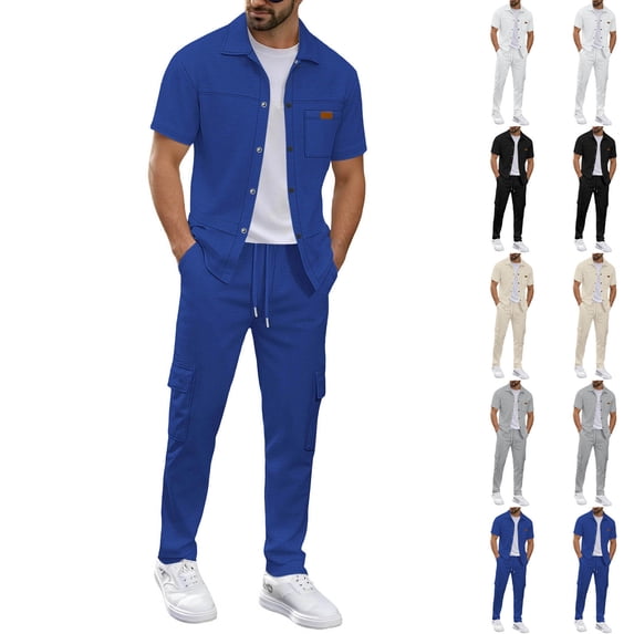 Mifsaly 2 Piece Set for Men Textured Waffle Knit Short Sleeve Button Down Shirts and Cargo Pants with Multi Pockets Casual Summer Travel Matching Lounge Outfits Blue,S