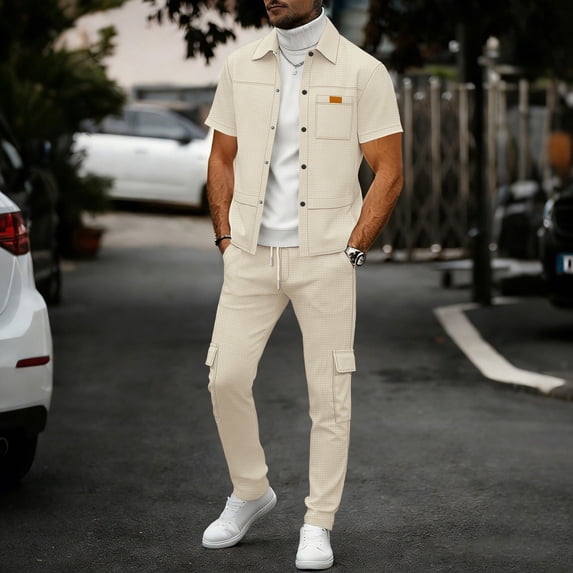 Mifsaly 2 Piece Set for Men Textured Waffle Knit Short Sleeve Button Down Shirts and Cargo Pants with Multi Pockets Casual Summer Travel Matching Lounge Outfits Khaki,XXXL