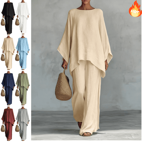 Mifsaly 2 Piece Sets for Women Summer Cotton Linen Matching Lounge Outfits Oversized Batwing Sleeve High Low Hem Tunic Top and Side Slit Wide Leg Pants S