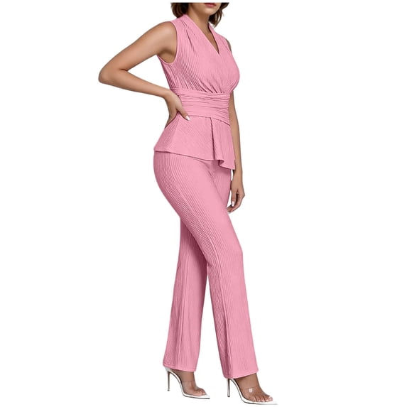 Mifsaly 2 Piece Sets for Women Summer Dressy Casual Work Office Matching Outfits Textured Sleeveless V Neck Wrap Peplum Top and Straight Leg Pants Pink,XXL