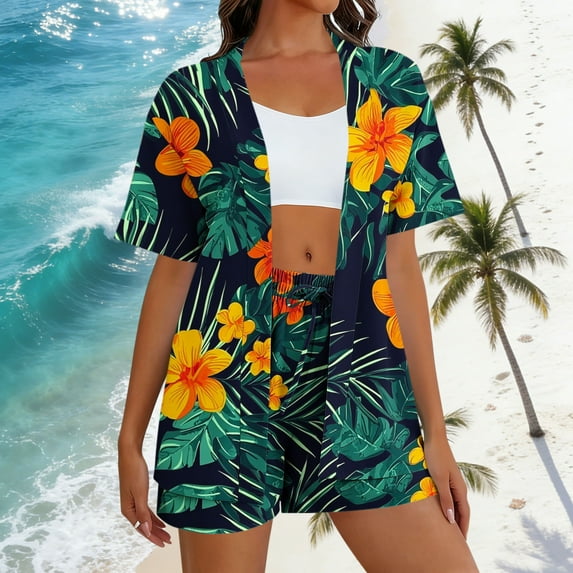 Mifsaly 2 Piece Sets for Women Summer Vacation Matching Outfits Tropical Print Open Front Oversized Cardigans Elastic Waist Drawstring Beach Shorts 2026 Casual Travel Fashion Clothing