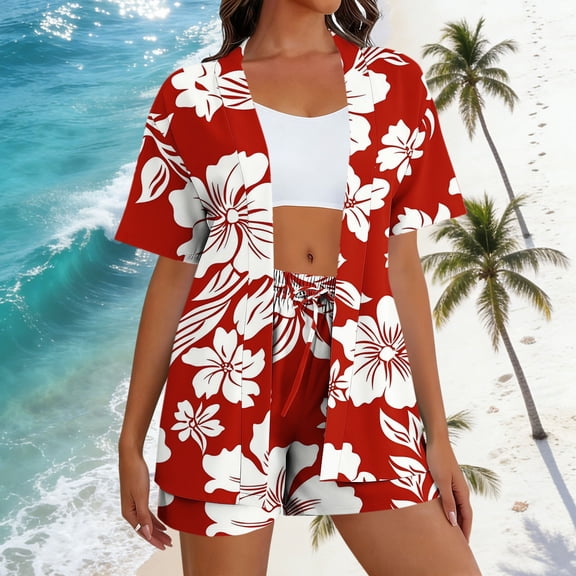 Mifsaly 2 Piece Sets for Women Summer Vacation Matching Outfits Tropical Print Open Front Oversized Cardigans Elastic Waist Drawstring Beach Shorts 2026 Casual Travel Fashion Clothing