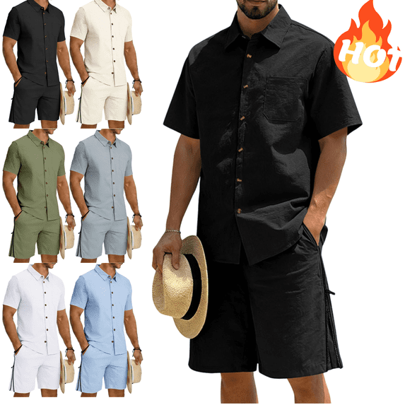 Mifsaly 2 Piece Short Sets for Men Summer Beach Vacation Matching Lounge Outfits Short Sleeve Button Down Shirt and Side Zipper Wide Leg Shorts with Pockets XXL