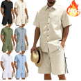 thumbnail image 1 of Mifsaly 2 Piece Short Sets for Men Summer Beach Vacation Matching Lounge Outfits Short Sleeve Button Down Shirt and Side Zipper Wide Leg Shorts with Pockets XXL, 1 of 6