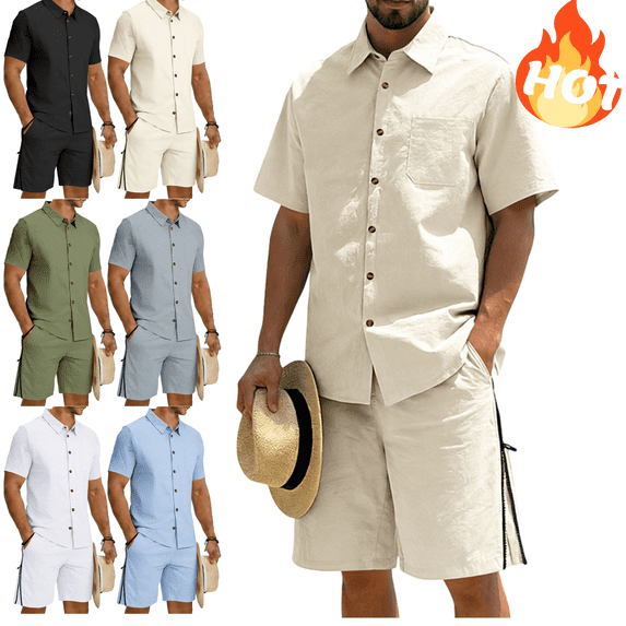 Mifsaly 2 Piece Short Sets for Men Summer Beach Vacation Matching Lounge Outfits Short Sleeve Button Down Shirt and Side Zipper Wide Leg Shorts with Pockets XXL