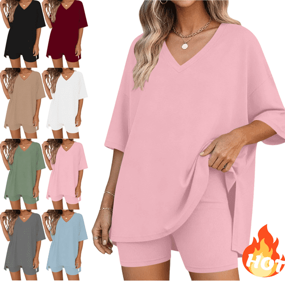Mifsaly 2 Piece Short Sets for Women Oversized V Neck T Shirt and High Waisted Shorts Soft Breathable Athletic Workout Outfits 2026 Pink,XL