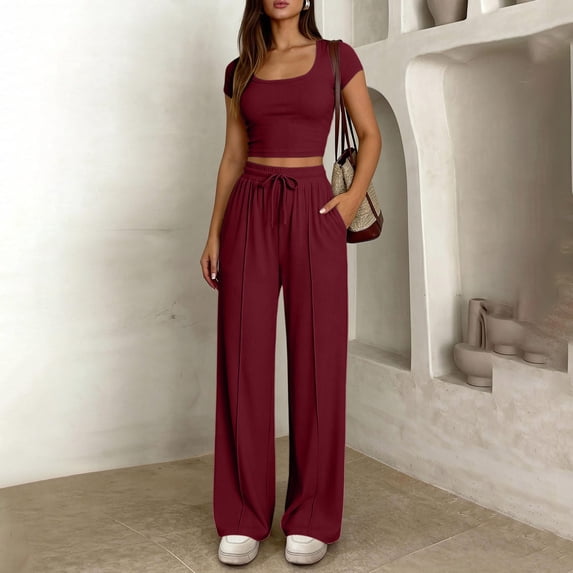 Mifsaly 2 Piece Vacation Sets for Women Ribbed Square Neck Crop Top and Drawstring Wide Leg Pants Summer Casual Cozy Daily Wear Travel Matching Lounge Outfits with Pockets Wine,S