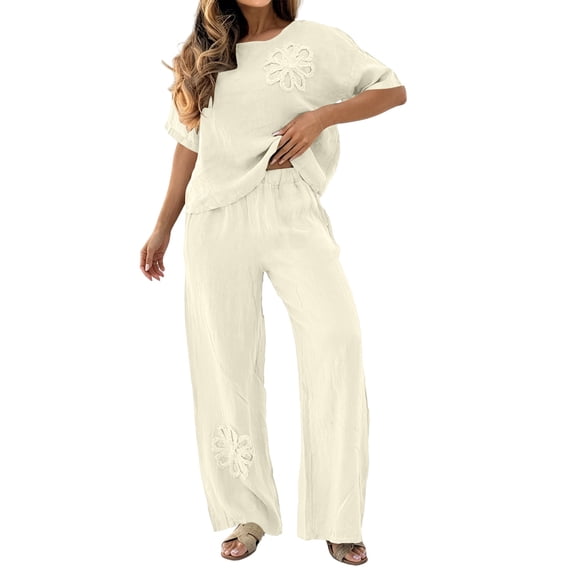 Mifsaly 2 Piece Vacation Sets for Women Textured Casual Summer Matching Outfits Floral Applique Short Sleeve Blouse and High Waisted Wide Leg Pants Beige,XXL