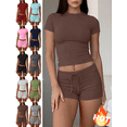 thumbnail image 1 of Mifsaly 2 Piece Workout Sets for Women Slim Fit Short Sleeve Cropped Top and High Waist Yoga Shorts Gym Training Everyday Athletic Matching Outfits Brown,M, 1 of 6