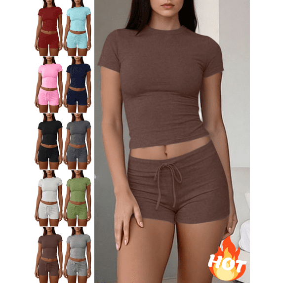 Mifsaly 2 Piece Workout Sets for Women Slim Fit Short Sleeve Cropped Top and High Waist Yoga Shorts Gym Training Everyday Athletic Matching Outfits Brown,M