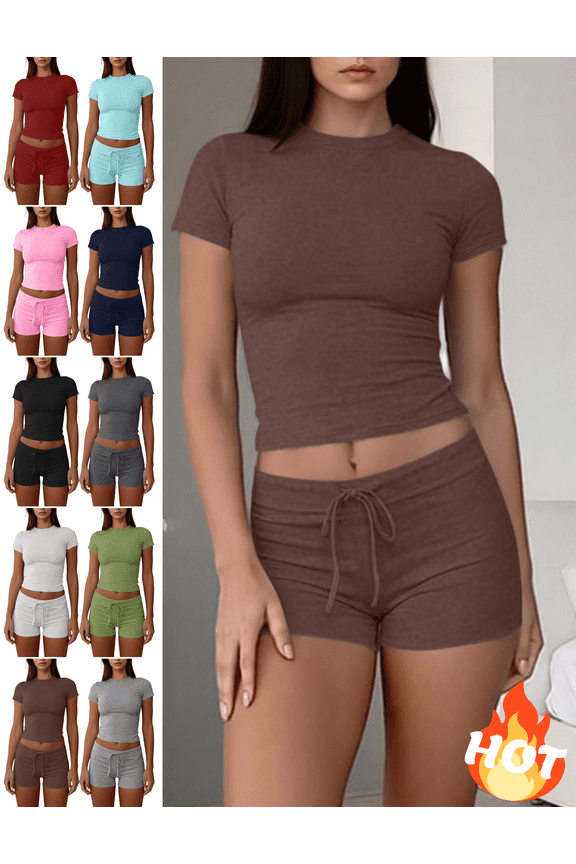 2 Piece Workout Sets for Women Slim Fit Short Sleeve Cropped Top and High Waist Yoga Shorts Gym Training Everyday Athletic Matching Outfits Brown,XXL