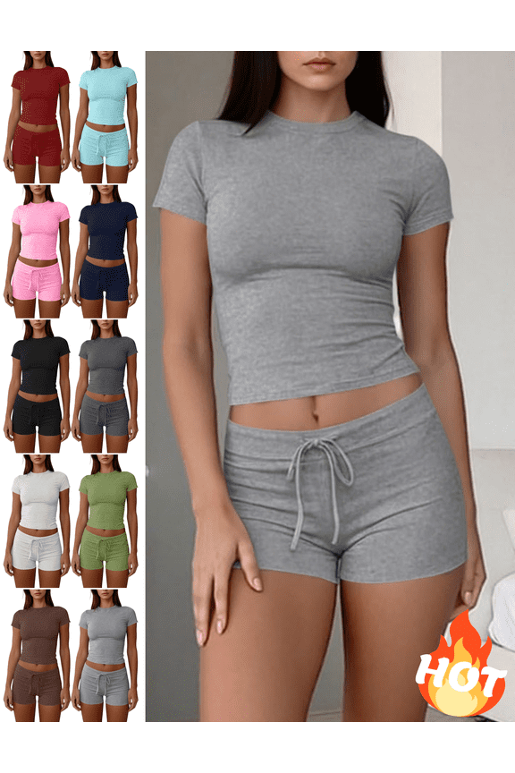 2 Piece Workout Sets for Women Slim Fit Short Sleeve Cropped Top and High Waist Yoga Shorts Gym Training Everyday Athletic Matching Outfits Light Blue,M