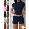thumbnail image 1 of Mifsaly 2 Piece Workout Sets for Women Slim Fit Short Sleeve Cropped Top and High Waist Yoga Shorts Gym Training Everyday Athletic Matching Outfits Navy,XXL, 1 of 6