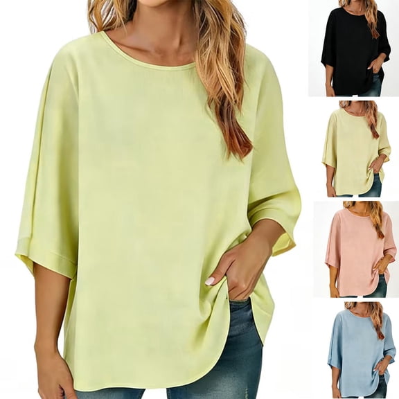 Mifsaly 3/4 Batwing Sleeve Tops For Women Linen Shirt 2026 Crewneck Oversized Tshirts Lightweight Comfortable Casual Blouses Vacation Ummer Officewear L