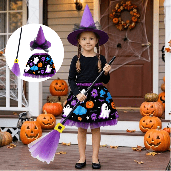 Mifsaly 3 Pack Kids Girls Halloween Witch Costume Sets Tutu Skirt, Magic Brooms and Witch Hat for 4-10 Years
