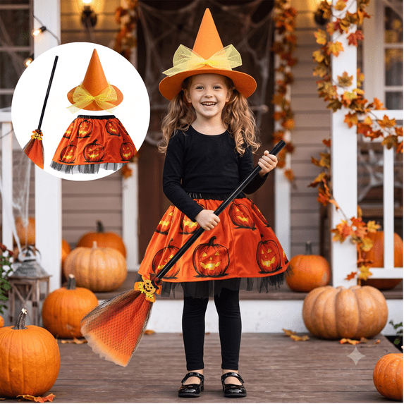 Mifsaly 3 Pack Kids Girls Halloween Witch Costume Sets Tutu Skirt, Magic Brooms and Witch Hat for 4-10 Years