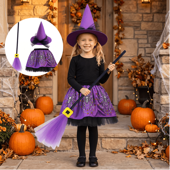 Mifsaly 3 Pack Kids Girls Halloween Witch Costume Sets Tutu Skirt, Magic Brooms and Witch Hat for 4-10 Years