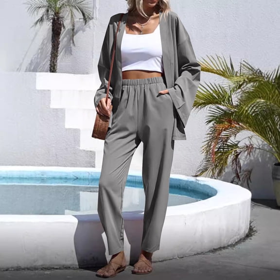 Mifsaly 3 Piece Sets Women Dressy Casual Linen Set Summer Tank Tops Long Sleeve Cardigan Lightweight High Waist Trousers Loose Office Streetwear 2026 Fashion Matching Outfits M